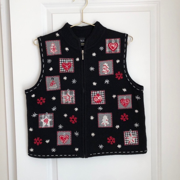 Erika Petite Holiday Sweater Vest Black Knit Zip Up Embroidered Vest Size PL - Picture 2 of 12